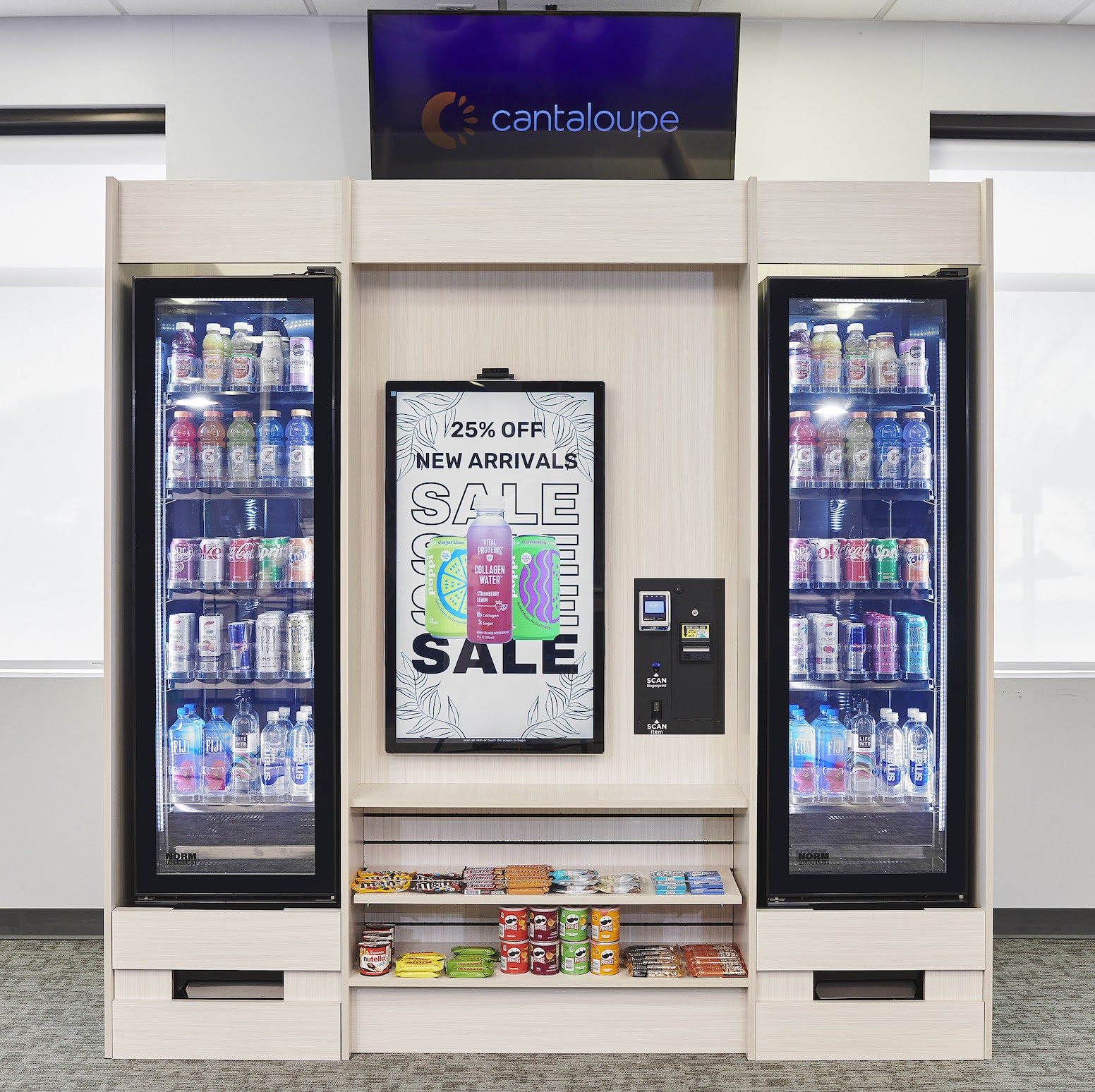 Micro-market with open shelving, coolers, and self-checkout kiosk
